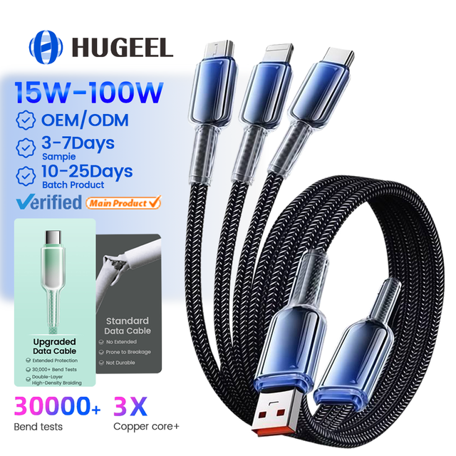 HUGEEL 3 in 1 Type C C Cable PD20W Fast Charging with Mobile Phone Car USB Charging Cable for Xiaomi Huaiwei Data Cables