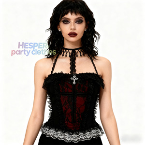 Top Corto Sexy Estilo Gótico Vintage Y2K de HP con Espalda Descubierta y Detalles de Encaje Cruzado para Mujer, Ropa de Fiesta de Halloween - Product Image 1