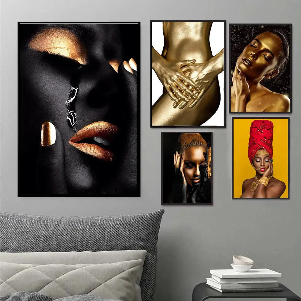 Incorniciato lucido bellissimo foglio nero e oro HD 3 pannelli Modern Face Paints Nude Black Women Sexy Girl Canvas Art dipinti africani
