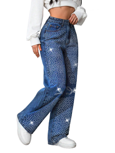YUANBOFEI Jeans Personalizzati di Alta Qualità, Vintage Lavati con Paillettes Lucide a Farfalla, Jeans a Gamba Larga Comodi per Donne - Product Image 3