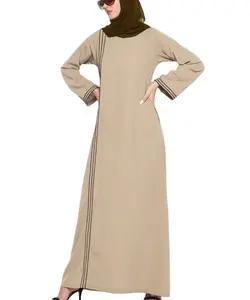 Simple Casual Satin Fabric With Striped Decorations For Middle East Turkey Modest Robe Dress For Muslim Women