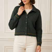 Cardigan personnalisé pour femme, col rond, vert forêt, tricot mélangé, boutonné, fabrication OEM ODM