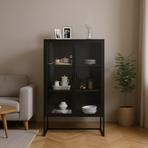 Mobile alto in acciaio nero con vetro temperato 31,5x13,8x53,1 pollici, mobile da soggiorno dal design moderno e minimalista - Product Image 2