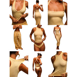 L801214 Yaz Kadın Takımı <span class=keywords><strong>2026</strong></span> Özel Tasarım İki Parçalı Takım Kadın Giyim Fitilli Yuvarlak Yaka Atlet Şort Pantolon Y2k Günlük Ev Giyim Takımı - Product Image 1