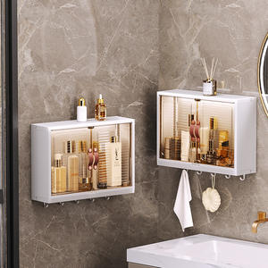Boîte de rangement murale pour salle de bain, armoire transparente avec crochets pour articles de toilette et bijoux, design rectangulaire - Product Image 1