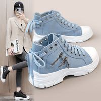 Chaussures en toile à tige haute pour femmes avec fermeture éclair décorative, respirantes, à talons hauts, pour le sport et les loisirs en été