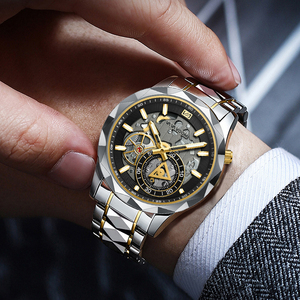 Premium Mens Openwork Automatic Watch Faceted Case Gold Accent Textured Dial Wristwatch for Formal Occasions - Product Image 6