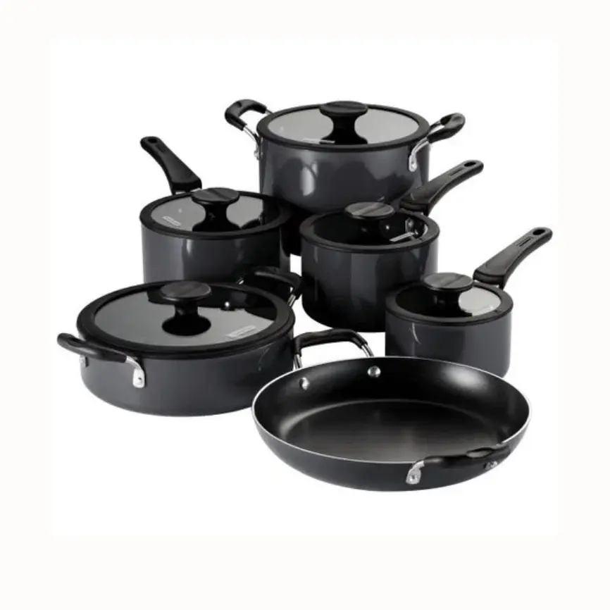 Penjualan terlaris Set peralatan masak dapur antilengket peralatan masak aluminium hitam dengan panci dan wajan anti lengket