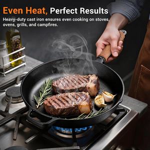 Poêle en fonte pré-assaisonnée avec couvercle et poignée en bois amovible - Poêle antiadhésive ultime <span class=keywords><strong>pour</strong></span> cuisinière, four, grill et feu de camp - Product Image 3