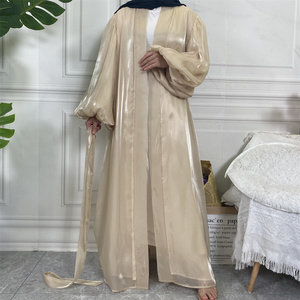 Abaya Abierta de Organza Brillante OEM ODM, Elegante Kaftán Musulmán con Mangas Abullonadas y Cinturón, Abaya Exterior Modesta para Mujer para Festivales (1941) - Product Image 4