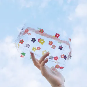 Custom Design Pvc Clear Transparent Zipper Flower Cosmetic Makeup Make Up Toiletry Wash Travel Pouch Bag