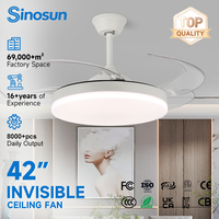 Ventilateur de plafond LED invisible avec lumière, moteur DC 42 pouces, éclairage 3 couleurs réglable, télécommande, excellent pour chambre moderne (OEM/ODM)