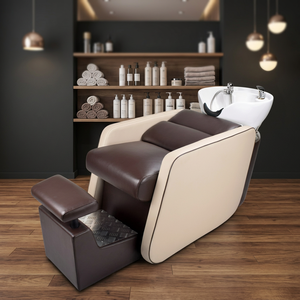Contemporary PU Leather Shampoo Chair With Porcelain Basin Stationary <b>Footrest</b> Salon Furniture For Commercial Use - Product Image 1