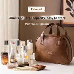 BRM 2025 Nuova Collezione Borsa Cosmetica Vintage in PU Effetto Olio-Cera per Donne, Grande Capacità, Elegante, Qualità Premium, <span class=keywords><strong>Organizer</strong></span> da Viaggio Portatile per Prodotti Skincare - Product Image 3