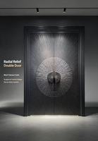Porte d'entrée extérieure double en aluminium moulé circulaire de luxe, design européen, avec relief 3D soleil éclatant sculpté en fibre de verre
