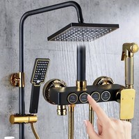 Sistem Shower Kamar Mandi Hotel Persegi Tradisional Eropa Modern Warna Hitam Emas, Keran Mandi Air Panas Dingin Termostatis dengan Jet dan Rainfall