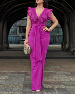 Nouvelle combinaison pantalon large pour femme avec panneaux en dentelle et taille à nouer – Tendance - Product Image 5