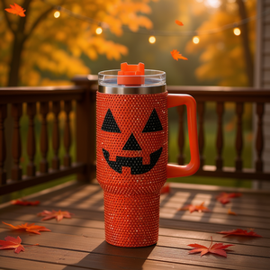 Custom Logo 40oz Rhinestone Tumbler Halloween Pumpkin Stainless Steel Travel Mug <b>With</b> <b>Straw</b> Handle Lid Insulated Water Bottle - Product Image 2