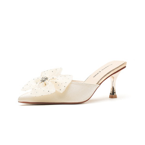 Satin <b>Pointed</b> <b>Toe</b> <b>Mules</b> With Bow Decoration Korean Style High Heel Women's Shoes All Seasons Fashion Trend - Product Image 5