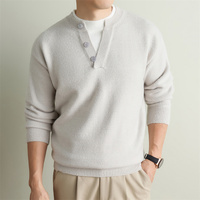 Pull en maille col Henley pour homme, 700G, épais, col en V, manches longues, logo frontal, gris foncé, noir, gris clair