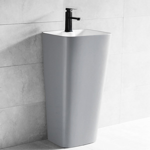 Lavabo de Cerámica Gris con Pedestal, Rectangular, de un Solo Orificio, para Colocar en el Suelo, con Acabado Liso - Product Image 1