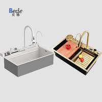 Évier de cuisine à cascade Smart 304 en acier inoxydable noir à DEL avec robinet multifonction et lave-gobelet