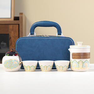 Kit de thé Gongfu tout-en-un pour les voyages avec étui en cuir bleu et théière en bois avec 3 tasses pour <span class=keywords><strong>la</strong></span> randonnée en plein air - Product Image 4