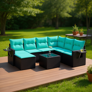 Conjunto de Sofás de Patio de Ratán Sintético Negro Moderno con Cojines, Muebles de Exterior, 8 Piezas, Asientos Seccionales - Product Image 2