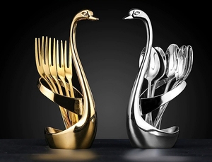 <span class=keywords><strong>Cuillère</strong></span> Fourchette Couverts Cygne Forme Titulaires Or En Acier Inoxydable Couverts Base Titulaire Pour La Maison Vaisselle Ou Décoration De Fête De Mariage - Product Image 2