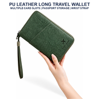 Portefeuille de voyage en cuir PU anti-RFID avec fermeture éclair longue et dragonne, vente en gros