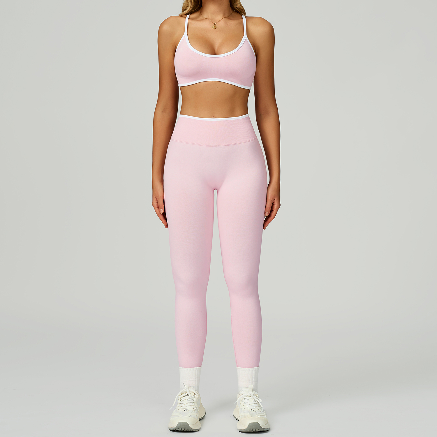 Unique Design Seamless Contrast 2 Pieces Yoga Sets Hollow Back High Waist Sports Wear Outdoor Gym Fitness Sets for Women