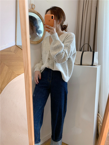 <strong>Best</strong>-Selling Soft V-neck Lantern Sleeve Buckle Sweater Women's Autumn Pit Strip Loose Lazy Knitted <strong>Cardigan</strong> Coat Top Korean - Product Image 6