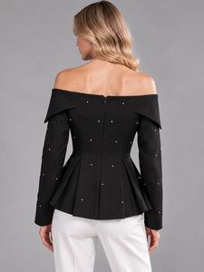 Top da donna slim fit alla moda, sexy, con spalle scoperte, in rete, con perline pesanti e colletto <span class=keywords><strong>monospalla</strong></span>, nero - Product Image 2