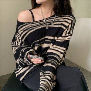 Pull en tricot rayé pour femme, manches longues, coupe ample, col rond, décontracté, pour l'automne et l'hiver - Product Image 4
