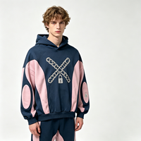 Sweat-shirt à capuche épais color block, effet délavé vintage, avec motif graphique 'Chain Lock', style streetwear pour homme
