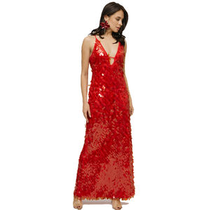 2025 Neuankömmling Frauen V-Ausschnitt Spaghetti träger Schulter Langes Kleid Abend party Kleider Red <span class=keywords><strong>Plunge</strong></span> Neck Pailletten Maxi kleid - Product Image 2