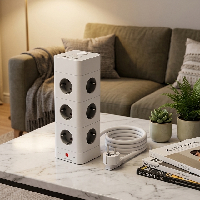 12 Way EU Tower Power Strip USB-C USB-A Charging Station 20W Fast Charge Overload Protection Copper Wire PVC Housing