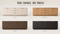 Meuble TV moderne en bois de chêne grainé, buffet 4 portes 3 tiroirs, console multimédia avec poignées en acier inoxydable pour salon et salle de bain