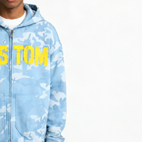 Hoodie Pria Streetwear Custom Biru Langit Motif Kamuflase & Enzyme Wash 420 Gsm 100% Katun Oversized Heavyweight untuk Pria