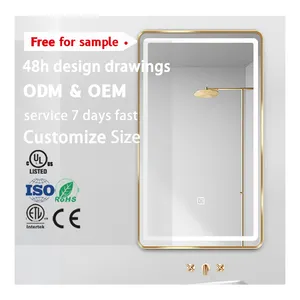 Support Customization Rectangle Smart Gold Frame Touch Screen Light Led Defogger Copper Free Silver Bathroom Mirror