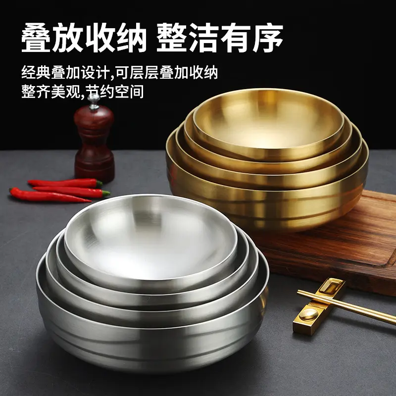 Mangkuk sup logam lapisan ganda, mangkuk nasi Stainless Steel emas 201 gaya Korea