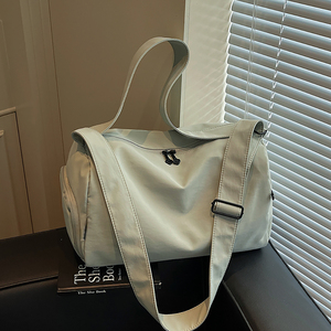 Grand sac de voyage blanc en nylon, cylindrique, pour week-end, sac à bandoulière décontracté, unisexe, léger, portable - Product Image 5