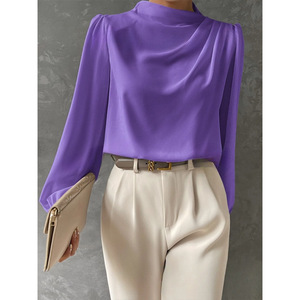 Annshine 2026 <span class=keywords><strong>Blusa</strong></span> da Donna a Tinta Unita con Pieghe, <span class=keywords><strong>Elegante</strong></span> Top in Raso a Maniche Lunghe, Nuovo Stile - Product Image 1