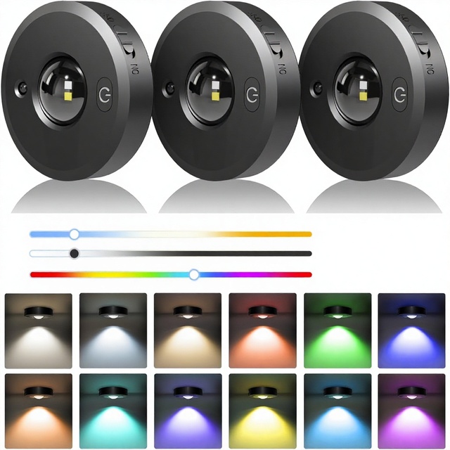 3 Pack Rechargeable Black LED Puck Lights Remote Control Dimmable 12 Colors 2 Dynamic 3 Color Temperatures 1000mAh Cabinets