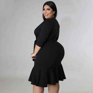 Vestido de Talla Grande con Escote en V, Color Sólido, Estilo Europeo y Americano, con Cordones, Abertura en la Cadera y Volantes - Product Image 3