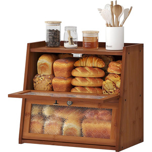 Boîte de rangement à double couche en bambou pour pain, avec couvercle rabattable, anti-poussière, pour cuisine, pain, fruits et collations - Product Image 1