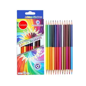 Twin color 12 pcs 24 colors double tip wooden pencil color set for kids school drawing in paper box