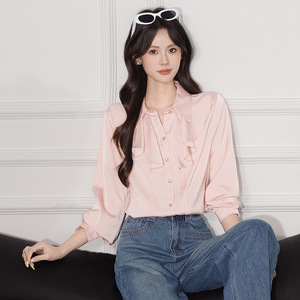 Pink Long Sleeve Shirt Women Ruffled Hem Solid Color Polyester Blouse Everyday Wear Spring Autumn Fashion Top - Product Image 1