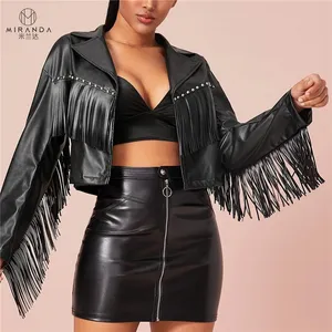 Bán Buôn Tùy Chỉnh Đen Fringe Trim Studded Chi Tiết Dài Tay Áo Crop PU Leather Jacket Cho Phụ Nữ