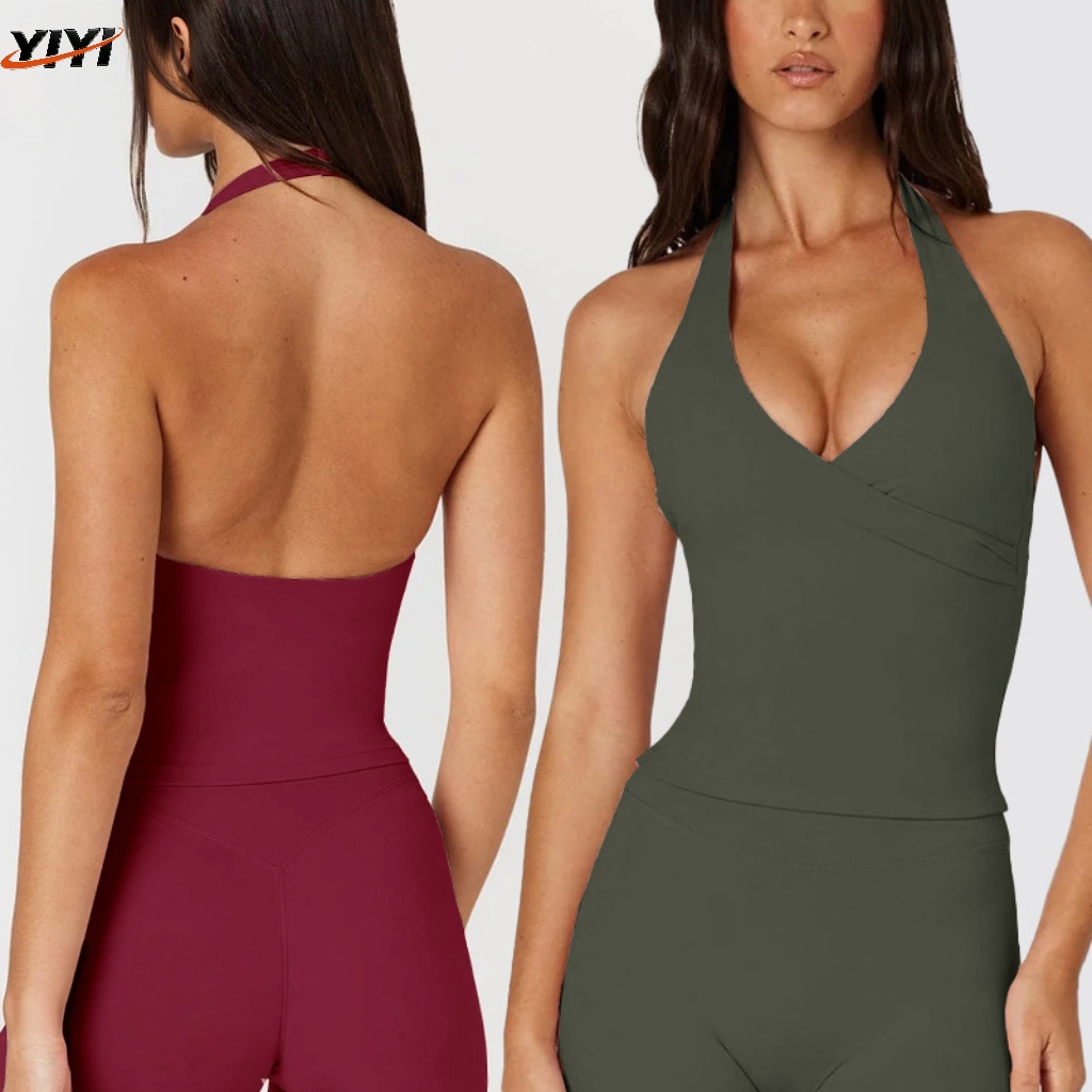 Cross-Border Breathable for V-Neck Cross-Over Halter Yoga Vest Fixed Chest Pads Women's Sleeveless Tight-Fitting Solid